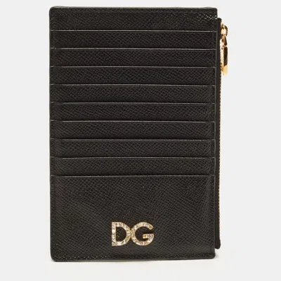 Pre-owned Dolce & Gabbana Dg Crystal Black Leather Zipped Card Holder