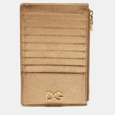 Pre-owned Dolce & Gabbana Dg Crystal Gold Leather Zipped Card Holder