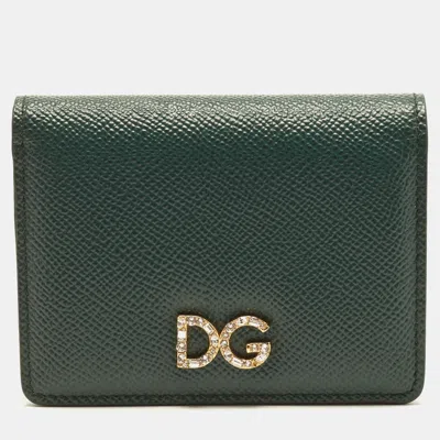 Pre-owned Dolce & Gabbana Dg Crystal Logo Dark Green Leather Bifold Wallet