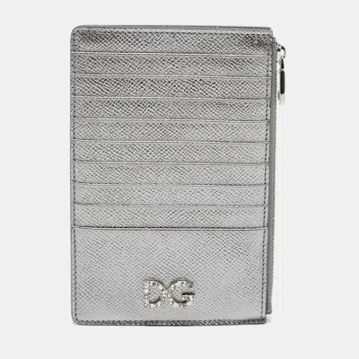 Pre-owned Dolce & Gabbana Dg Crystal Logo Silver Leather Zip Card Case