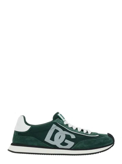 DOLCE & GABBANA 'CUSHION' GREEN SNEAKERS WITH LOGO PATCH ON THE TONGUE AND LOGO DETAIL ON THE SIDE IN SUEDE AND FABR