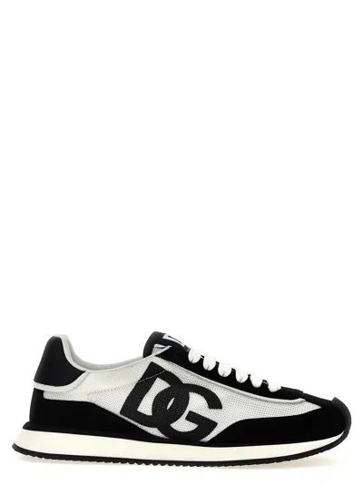 Dolce & Gabbana Dg Cushion White And Black Low Top Sneakers With Logo Print In Mixed Materials Woman
