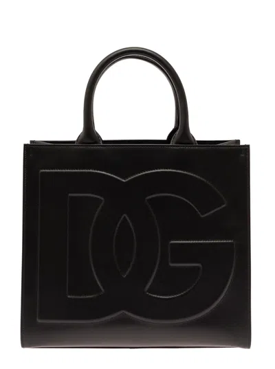 Dolce & Gabbana Dg Daily Medium Black Handbag With Dg Logo Detail In Smooth Leather Woman