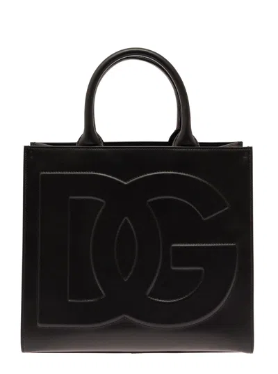 Dolce & Gabbana 'dg Daily Medium' Black Handbag With Dg Logo Detail In Smooth Leather Woman In Multicolor