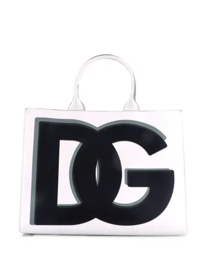 Pre-owned Dolce & Gabbana Dg Daily Shopping Printed Leather Large Tote Bag In White