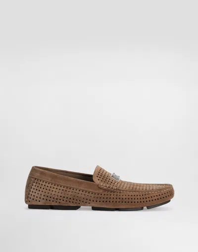 Dolce & Gabbana Dg Driver Perforated Split Calfskin Slipper In Brown