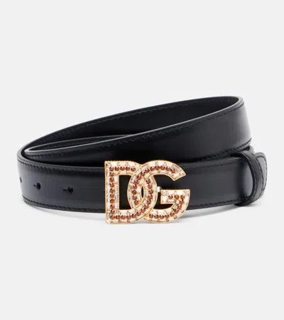 Dolce & Gabbana Dg Embellished Leather Belt In Black