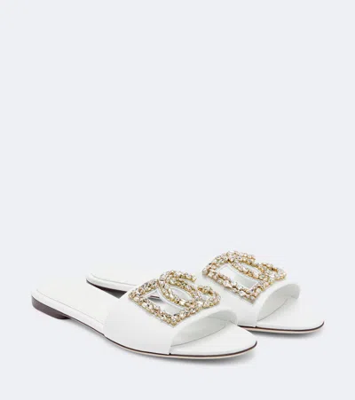Dolce & Gabbana Dg Embellished Leather Slides In White
