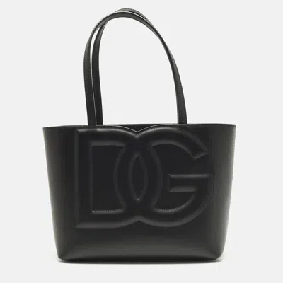 Pre-owned Dolce & Gabbana Dg Embossed Logo Small Black Leather Tote