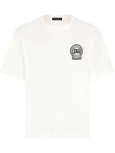 Dolce & Gabbana White Crewneck T-shirt With Logo Embroidery On The Front In Cotton Man In Gray