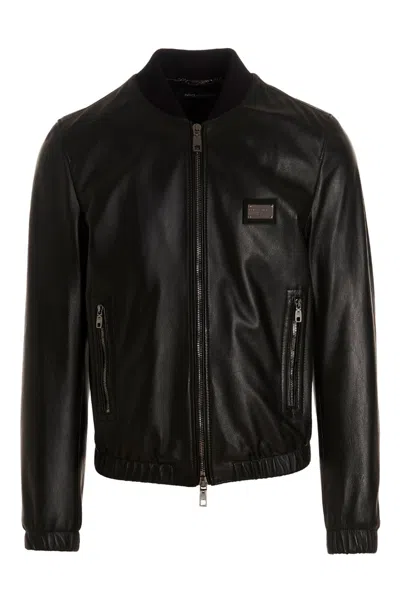 Dolce & Gabbana Leather Jacket With Hood And Branded Tag In Black