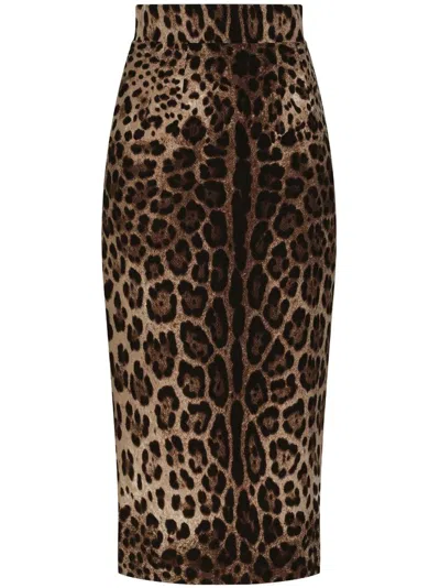 Dolce & Gabbana Leopard-print Double Crepe Calf-length Skirt In Multicolour