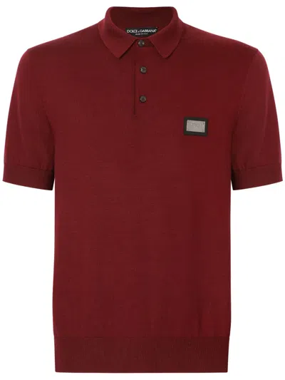 Dolce & Gabbana Maglia Polo In Lana Con Placca Logata In Bordeaux