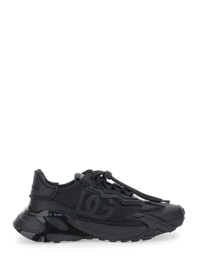 DOLCE & GABBANA BLACK LOW TOP SNEAKERS WITH LOGO LETTERING ON THE TONGUE AND LOGO PATCH ON THE SIDE IN TECH FABRIC M