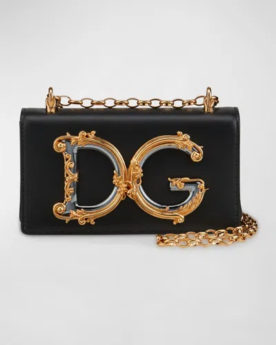 Dolce & Gabbana Dg Girls Barocco Leather Shoulder Bag In Black