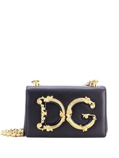 Pre-owned Dolce & Gabbana Dg Girls Flap Bag Embellished Leather Small Crossbody Bag In Black