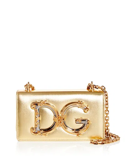 Dolce & Gabbana Logo Metallic Leather Crossbody Bag In Light Gold
