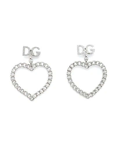 Dolce & Gabbana Dg Heart Chain Rhinestone Earrings In Silver