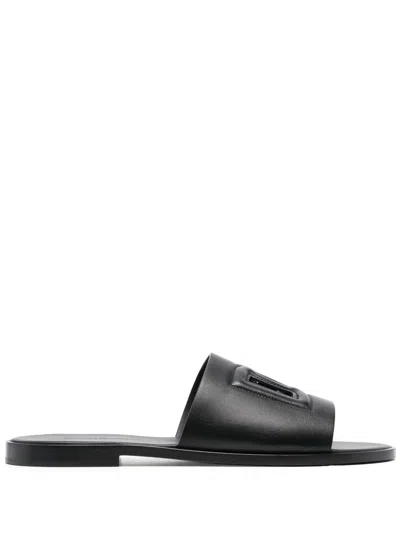 Dolce & Gabbana Dg Leather Flat Sandals In Black