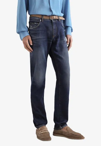 Dolce & Gabbana Dg Leather Patch Faded Jeans In Blue