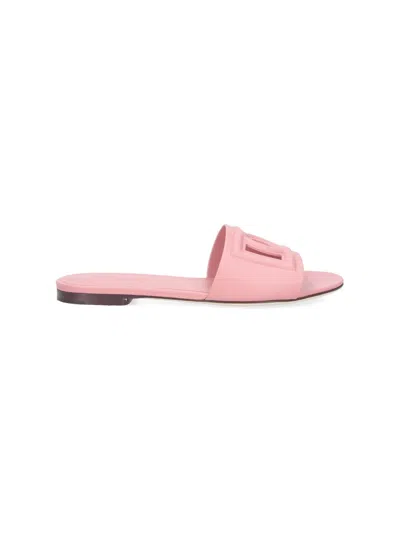 Dolce & Gabbana Women Pink Slide Sandals With Cut Out Logo In Leather Woman