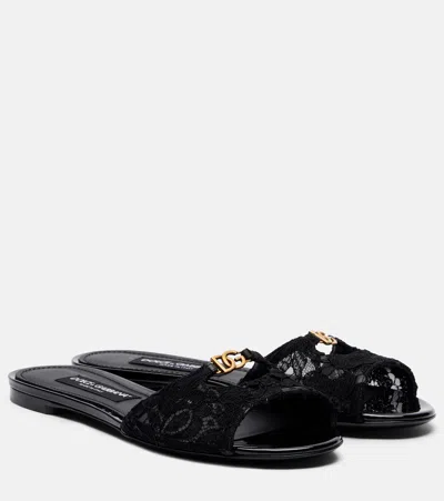 Dolce & Gabbana Dg Leather-trimmed Lace Slides In Black