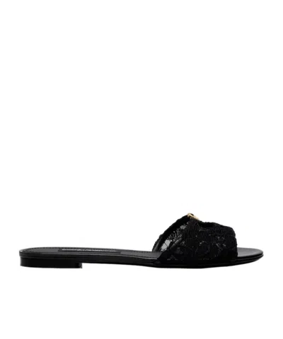 Dolce & Gabbana Dg Leather-trimmed Lace Slides In Black