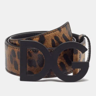 Pre-owned Dolce & Gabbana Dg Logo 80cm Belt Brown/black Leopard Print Coated Canvas