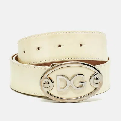 Pre-owned Dolce & Gabbana Dg Logo 80cm Oval Buckle Belt Cream Patent Leather In White