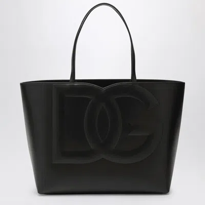 DOLCE & GABBANA DG LOGO BLACK LEATHER MEDIUM TOTE BAG
