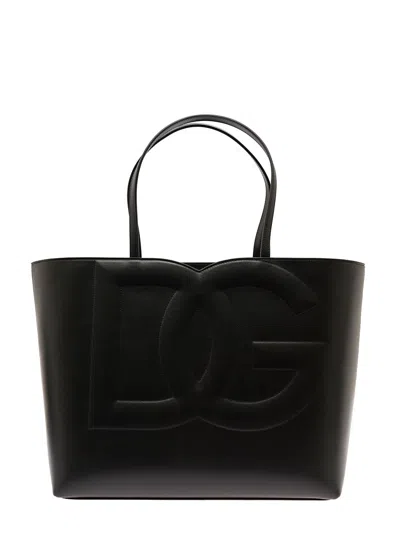 Dolce & Gabbana 'dg Logo' Black Medium Shopper In Leather Woman