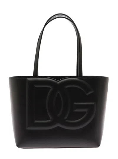 Dolce & Gabbana Dg Logo Black Small Shopper In Leather Woman