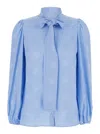 Dolce & Gabbana Light Blue Shirt With Bow And Jacquard Dg Logo In Silk Woman In Blu