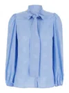 Dolce & Gabbana Light Blue Shirt With Bow And Jacquard Dg Logo In Silk Woman In Blue