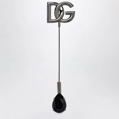 Dolce & Gabbana Dg Logo Brooch With Crystals In Brass, Ruthenium In Black