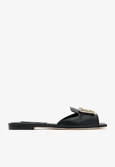 Dolce & Gabbana Dg Logo Calf Leather Flat Sandals In Black