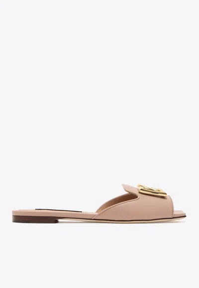 Dolce & Gabbana Dg Logo Calf Leather Flat Sandals In Powder