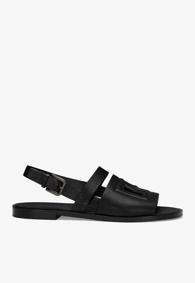 Dolce & Gabbana Logo-embossed Leather Slides In Black