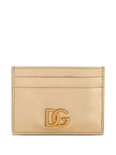 Dolce & Gabbana Laminated Calfskin Dg Logo Card Holder In Gold