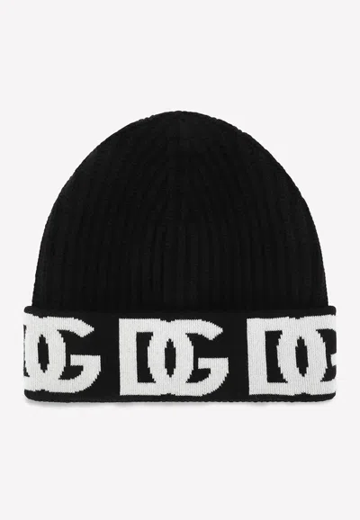 Dolce & Gabbana Dg Logo Cashmere Beanie In Black