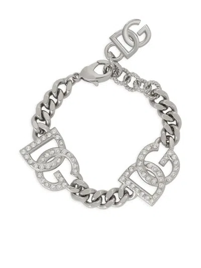 Dolce & Gabbana Logo-plaque Cable-link Bracelet In Silver