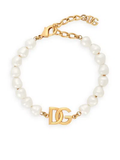 Dolce & Gabbana Dg Logo-charm Pearl Bracelet In Gold