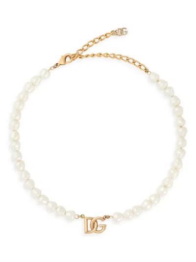 Dolce & Gabbana Dg Logo-charm Pearl Bracelet In White,gold