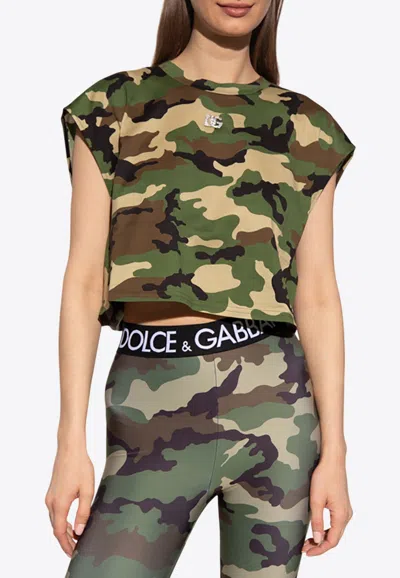 Dolce & Gabbana Dg Logo Cropped Camo Top In Green