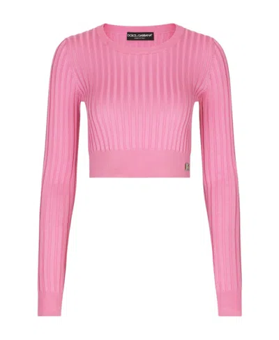 DOLCE & GABBANA DOLCE  GABBANA LOGO PLAQUE CROPPED RIBBED SWEATER