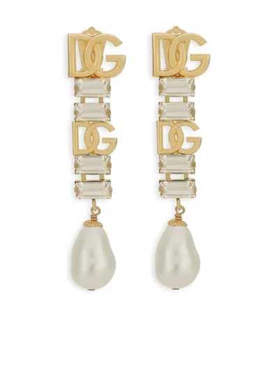Dolce & Gabbana Dg Logo Crystal And Faux Pearl-detail Drop Earrings In Multi