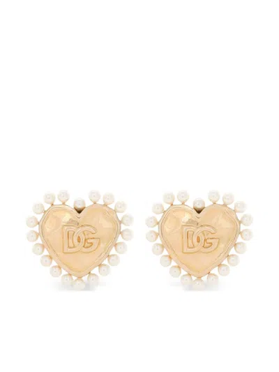 Dolce & Gabbana Dg Logo & Heart Stud Earrings In Gold/white