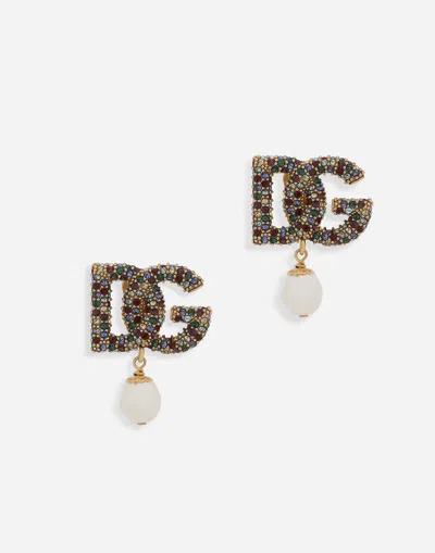 Dolce & Gabbana Dg-logo Earrings With Colorful Rhinestones And Pearls In Multicolor