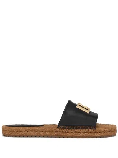 Dolce & Gabbana Dg Logo Leather Espadrille Sandal In Black