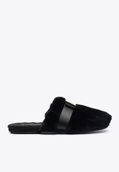 Dolce & Gabbana Dg Logo Faux-fur Slippers In Black
